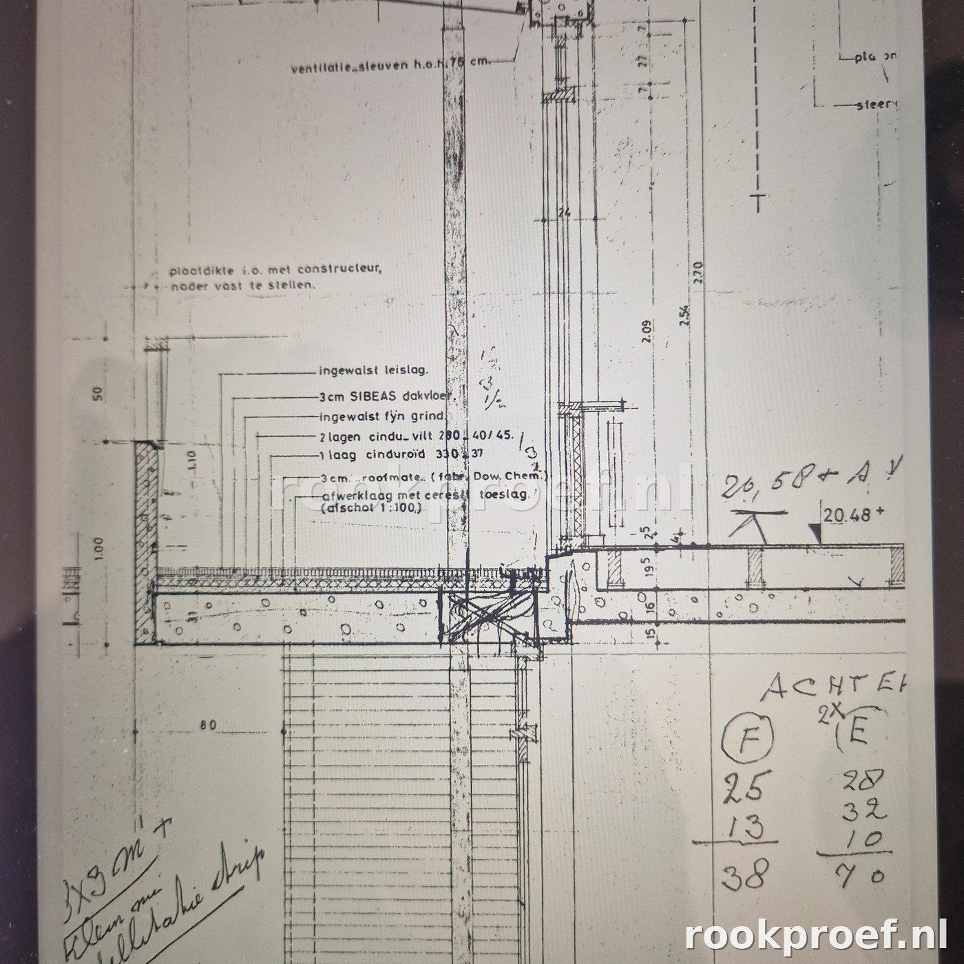 Bouwtekening dak-gevel aansluiting met ventilatiesleuven en dakopbouw — rookproef lekdetectie