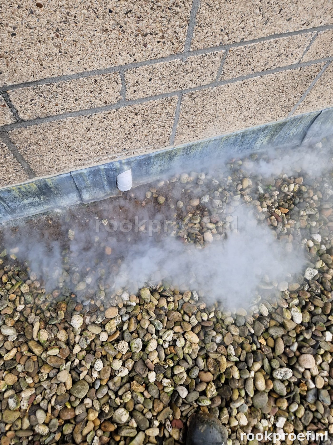Close-up rookgas dat ontsnapt via dakrandaansluiting op grindlaag — exacte leklocatie zichtbaar via rookproef